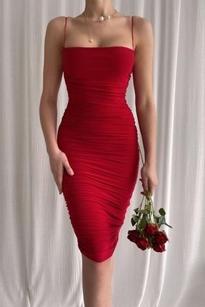 Kırmızı Ince Askılı Drape Elbise OC180