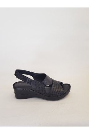 21981113 Hakiki Deri Ortapedik Yastık Tabanlı Günlük Siyah Dolgu Topuk Sandalet
