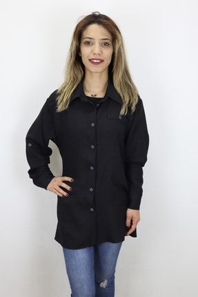 Fistan Store Kadın Siyah Rahat Kesim Yazlık Gömlek Fistan Bayan Gömlek KLP-906