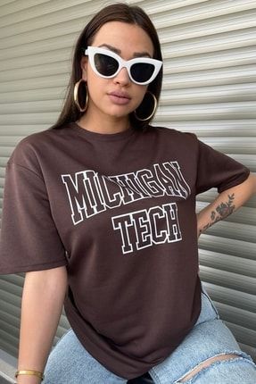 Kadın Kahve Michigan Tech Yazılı Baskılı Oversize T-shirt michigantech
