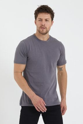 Antrasit Erkek Düz Pamuk Penye T-shirt Standart Kalıp %100 Pamuk Penye Kumaş 444