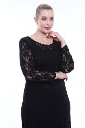 Kadın Büyük Beden Likralı Dantelli Siyah Elbise CN151154