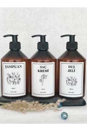 Amber Cam Görünümlü Plastik Sabunluk Banyo Şampuan-duşjeli-saçkremi Şişe Seti 3lü Dem 112