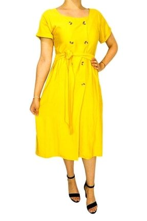 Kadın Sarı Elbise Düğmeli Kemerli Pk5137 PK5137