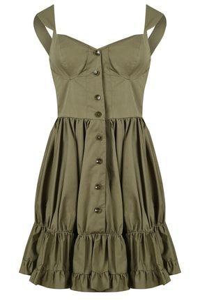 Özel Tasarım Couture Kadın Yeşil Kolsuz Eteği Fırfırlı Mini Elbise Rheme-32