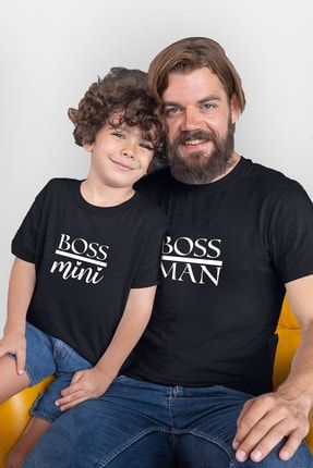 Boss Man Boss Mini Baskılı Baba Oğul Siyah Pamuklu Tişört Kombin BBA-OGL-010