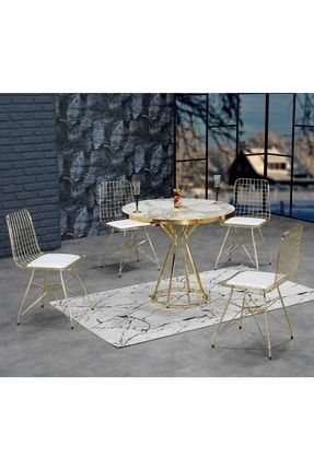 90x90 Ella 4 Kişilik Beyaz Mermer Görünümlü Metal Mutfak Masası Takımı-gold Tel Sandalyeli 90x90 Cm AVVİO543