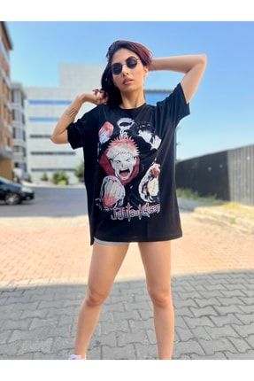 Siyah Jujutsu Kaisen Büyük Baskılı Geniş Kesim Unisex Anime T-shirt tişört-Jujutsu-Kaisen
