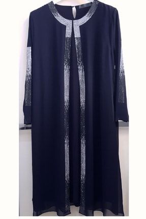 Şifon Ikili Görünümlü Uzun Taşlı Simli Abiye Elbise Tunik YLDZUPPLS3626
