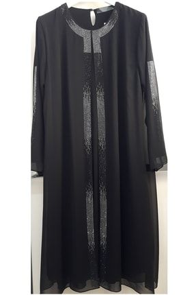 Şifon Ikili Görünümlü Uzun Taşlı Simli Abiye Elbise Tunik YLDZUPPLS3626