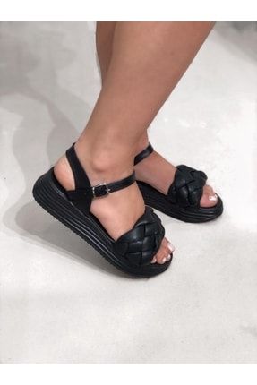 Kadın Örgü Detaylı Kalın Taban Sandalet Siyah BSAORS