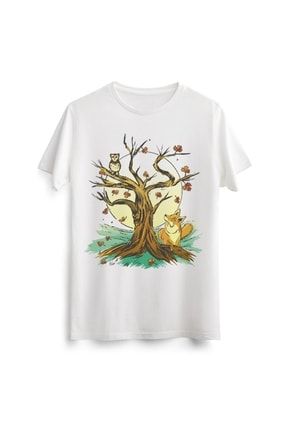 Unisex Erkek Kadın Tilki Ve Baykuş Fox And Owl Baskılı Tasarım Beyaz Tişört Tshirt T-shirt LAC00637
