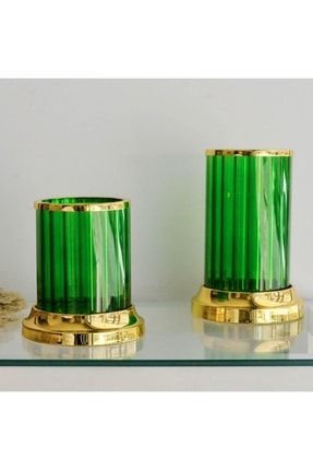 2li Dekoratif Kristal Şamdan Mumluk Yeşil Fener mtfd30056787