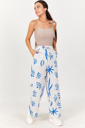 Kadın Saks Bol Paça Beli Lastikli Desenli Pantolon ARM-22Y024037