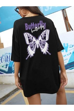 Kadın Siyah Oversize Mor Butterfly T-shirt morbutter-1