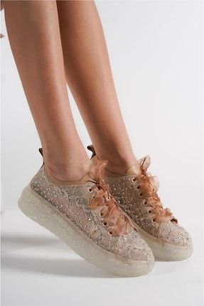 Bej - Kadın Dantel Taşlı Sneaker Ayakkabı MT1044