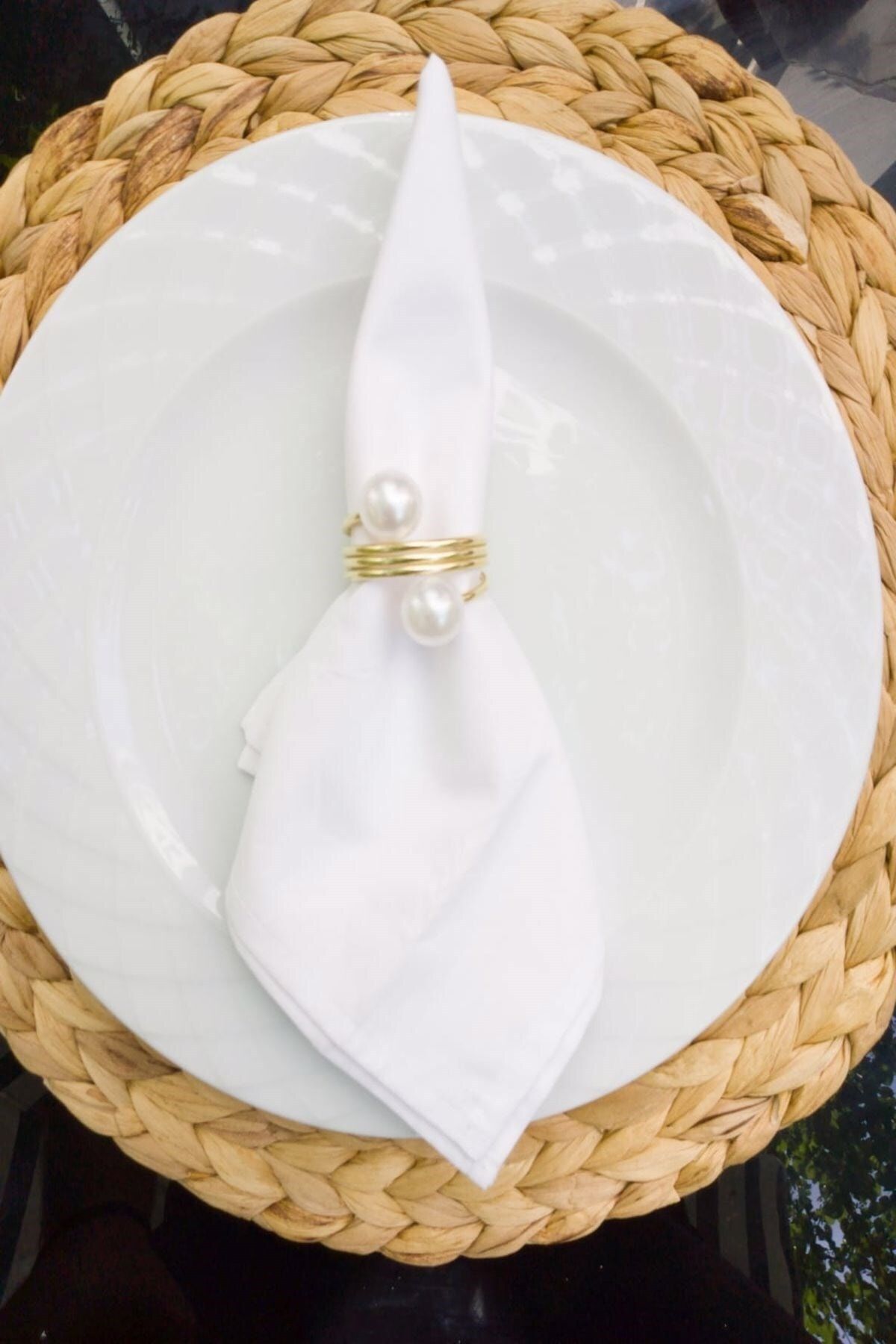 Emtory Home-6 Pieces Gold Galvanized Plated Trio Steel Napkin Rings with Pearls 5