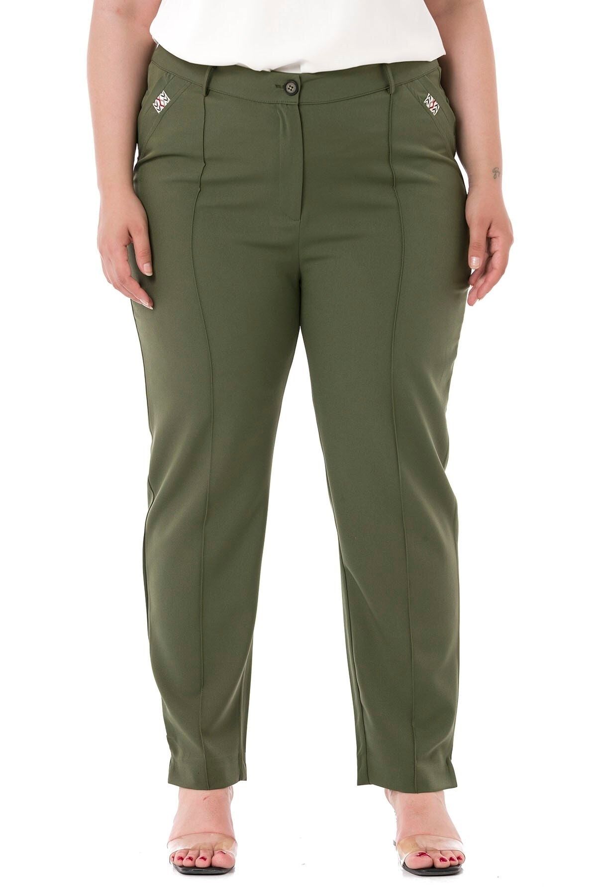 DISENTIS MODEST Pantaloni Kaki Pentru Femei - Marimi Mari, Picior Slab, Cusaturi Cu Nervuri, Fermoar Cu Fante Femeie - 48