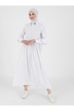 Doğal Kumaşlı Yakası Nakış Detaylı Elbise Off White 8205225