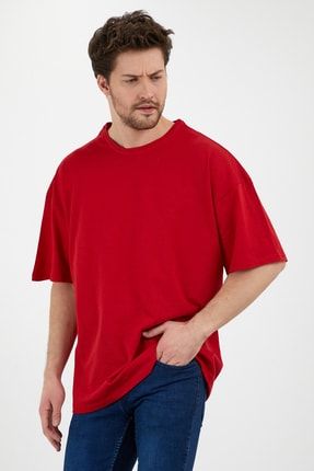 Unisex Kırmızı Oversize Bol Kesim Tshirt Relax Fıt EB-OVRSZ-3746