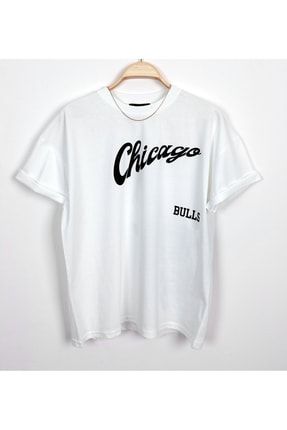 Erkek Beyaz Oversize Chiago Bulls Baskılı Bisiklet Yaka Kısa Kollu %100 Pamuk T-shirt ARCD1056