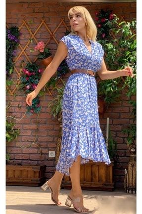 Asur Boutique Kadın Mavi Renk Çiçek Desenli Elbise 00020