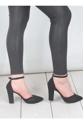 Siyah Süet Parçalı Fileli Kalın Topuklu Kadın Ayakkabısı PRA-6331201-991438
