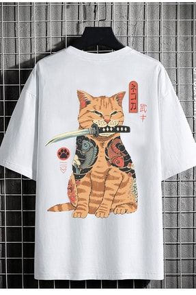 Erkek Oversize Renkli T-shirt Samuray Kedi Baskılı SPX202211
