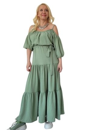 Omuz Dekolteli Uzun Yeşil Elbise A0228