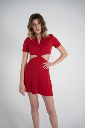 Kadın Kırmızı Bel Detaylı Mini Ceket Yaka Düğmeli Locca Elbise HLLOCCAELBISE