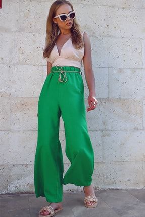 Kadın Yeşil Yüksek Bel Hasır Kemerli Wide Leg Keten Dokuma Pantolon ALC-X8791