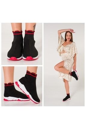 Siyah Kırmızı Kadın Triko Streç Çorap Bot Sneaker Günlük Spor Ayakkabı 2256
