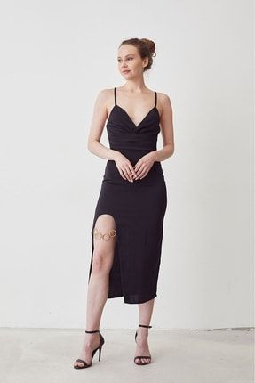 Zincir Detay Askılı Elbise-siyah DRS00027