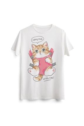 Unisex Erkek Kadın Sevimli Kedi Cat Kitten Baskılı Tasarım Beyaz Tişört Tshirt T-shirt LAC00683