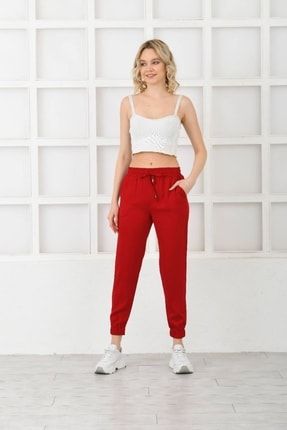 Kadın Yazlık Belmando Kumaş Beli Lastikli Ip Detay Kırmızı Jogger Keten Pantolon Mty150807