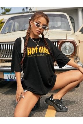 Kadın Siyah Hot Girl Baskılı Oversize T-shirt SRN-HOTGİRL