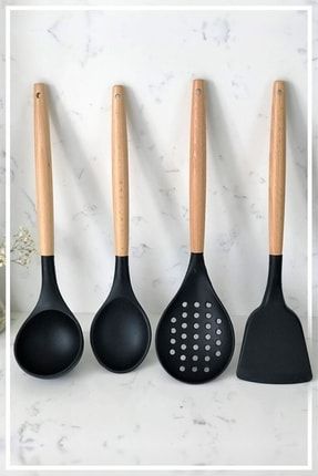 Silikon Bambu Saplı 4 Parça Mutfak Servis Seti Siyah(kepçe-kaşık-kevgir-spatula) LSSOKSY201
