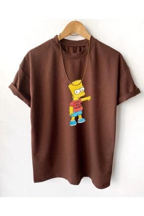 Erkek Kahverengi Bart Simpson Baskılı Oversize Bisiklet Yaka Tişört benisengiydirsimpsontişört