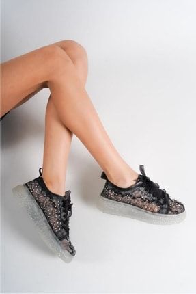 Siyah - Kadın Dantel Taşlı Sneaker Ayakkabı TYC00474713787