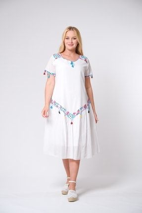 Kadın Yazlık Büyük Beden Elbise Beyaz- Esra Kandemir 91008