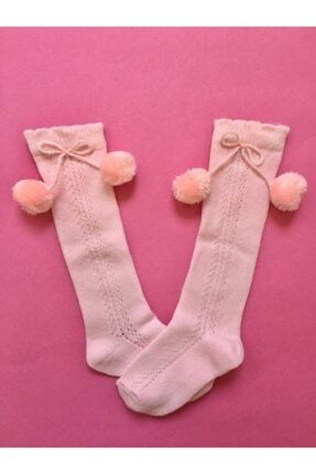 Kız Çocuk Pembe Okul Çorabı Ponponlu Dizaltı File Çorabı DB462208