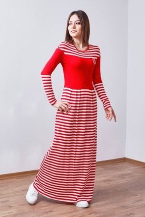 Çizgili Penye Elbise - Kırmızı WWTH177