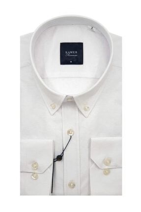 Reguler Fit Beyaz Düğmeli Yaka Erkek Gömlek %65 Pamuk %32 Polyester %3 Likra 1655b 1655B