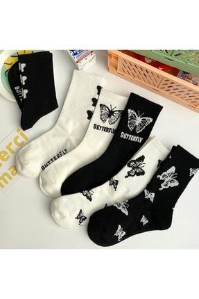 6 Çift Kelebek Desenli Siyah Beyaz Pamuklu Kolej Tenis Çorabı çrmnya-5523366