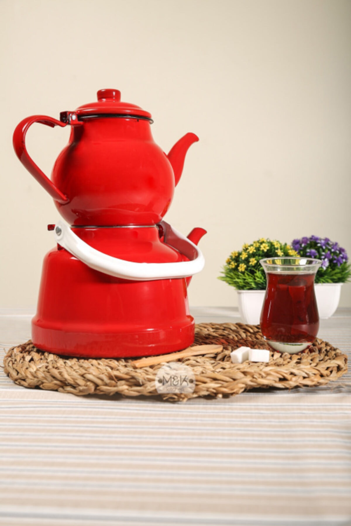 M&K Kitchen Ebru Emaye Kırmızı Çaydanlık Takımı Lüks Nostalji Koleksiyonu 1,1 / 2,5 L