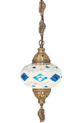 Mozaik Lamba Osmanlı Otantik Renkli Camlı El Yapımı Boho Sarkıt, Mavi Beyaz Tavantek