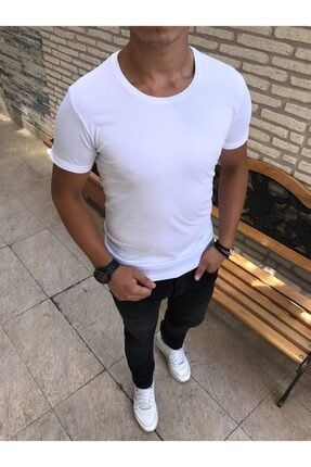 Italyan Stil Armut Yaka Kısa Kol Basic T-shirt Beyaz T4656