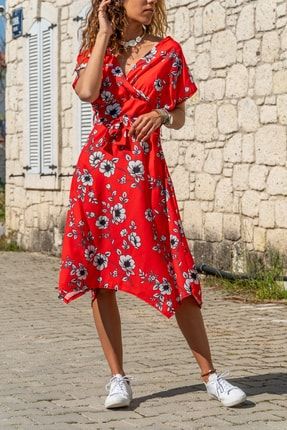 Kadın Kırmızı Asimetrik Kesim Kruvaze Çiçekli Elbise Gk-bstk4164 GK-BSTK4164