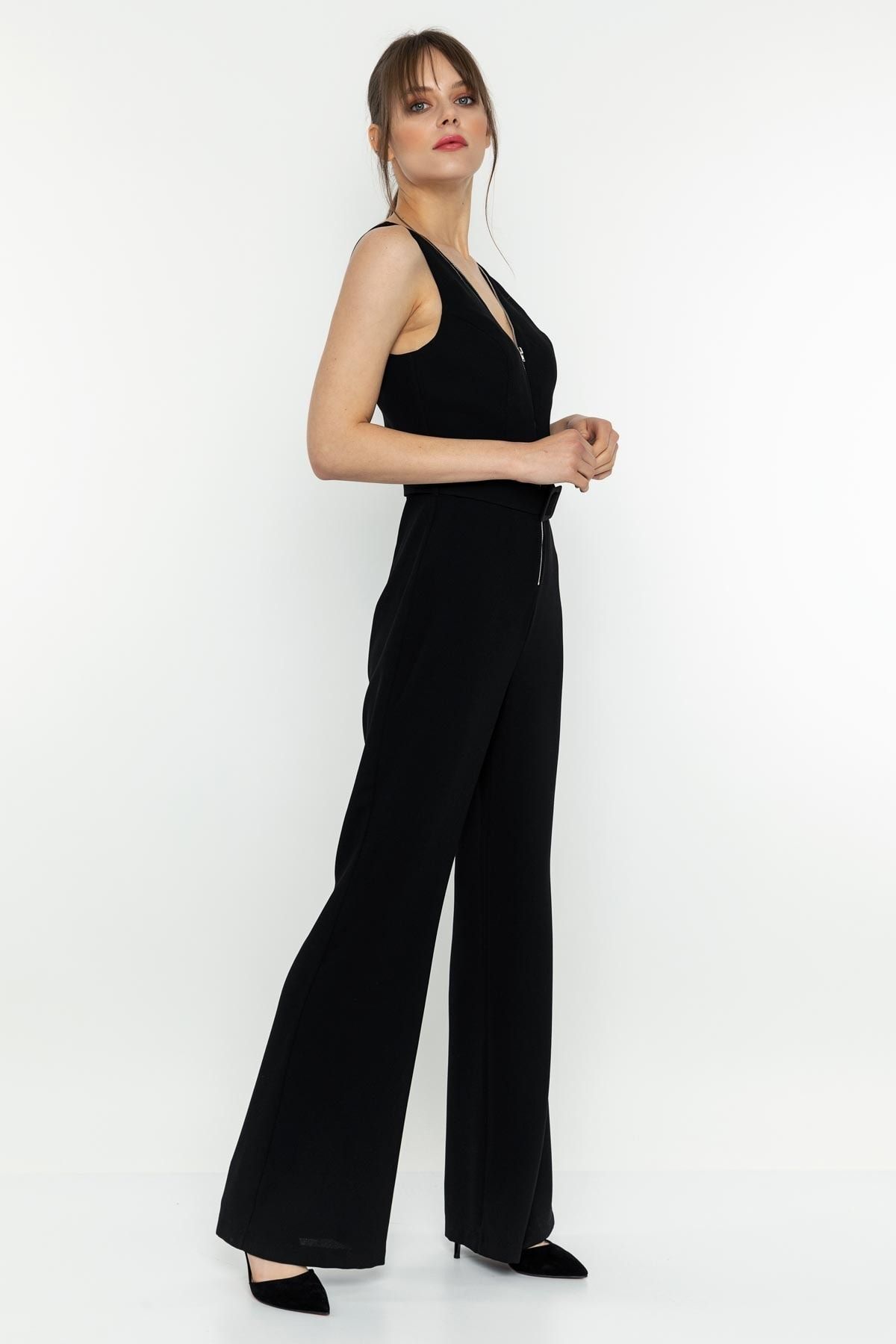 Black jumpsuit sales with zipper