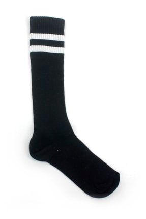 Beyaz Çizgili Pamuklu Diz Altı Çocuk Çorabı Siyah HANE14-7305